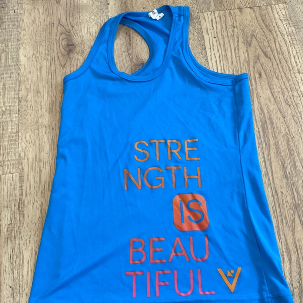 Expert performance Blue razor back tank top, words appear when wet size small